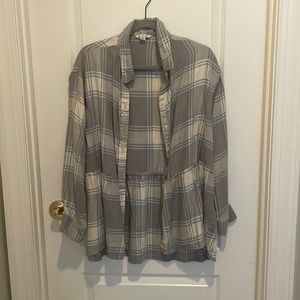 American Eagle Amazingly Soft blue, gray, white peplum flannel. Size Medium